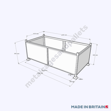 Technical drawing of extra wide stillage bins.